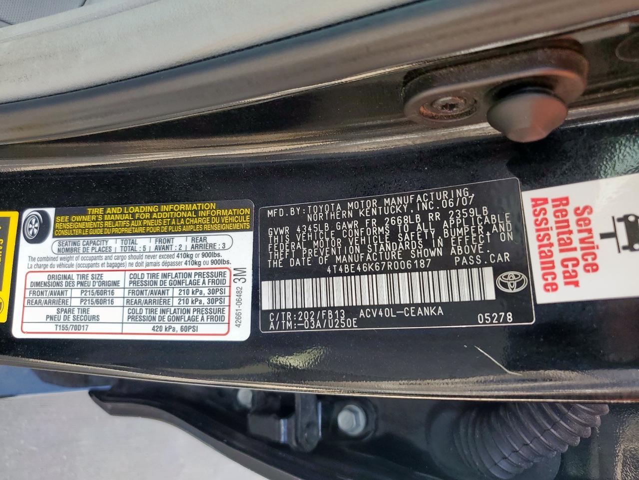 2007 Toyota Camry Ce VIN: 4T4BE46K67R006187 Lot: 65258355