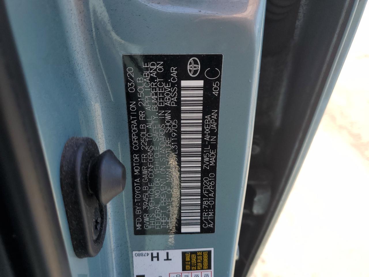 2020 Toyota Prius L VIN: JTDKARFU7L3119705 Lot: 65618435