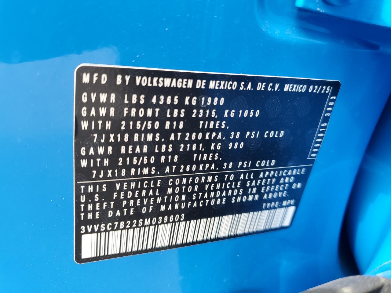 2025 Volkswagen Taos Se VIN: 3VVSC7B22SM039603 Lot: 64720355