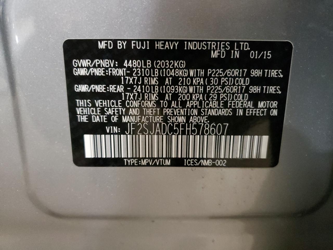 2015 Subaru Forester 2.5I Premium VIN: JF2SJADC5FH578607 Lot: 63635235
