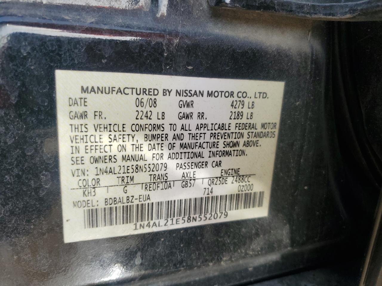 2008 Nissan Altima 2.5 VIN: 1N4AL21E58N552079 Lot: 64242675