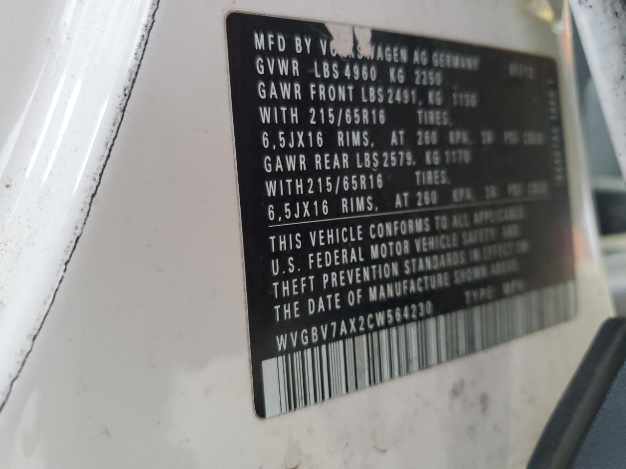 2012 Volkswagen Tiguan S VIN: WVGBV7AX2CW564230 Lot: 66962405