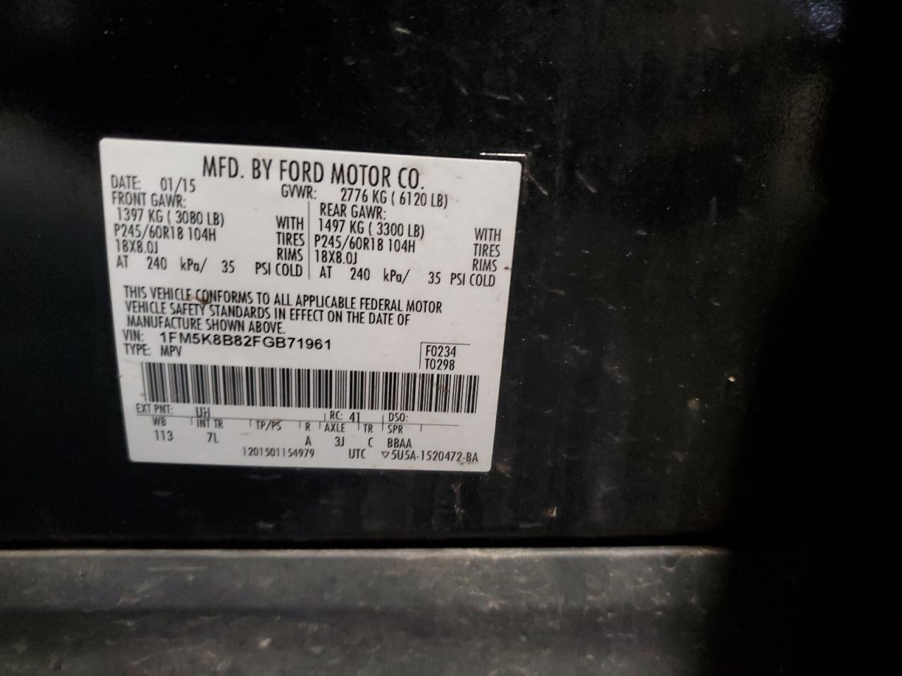 2015 Ford Explorer VIN: 1FM5K8B82FGB71961 Lot: 64582125