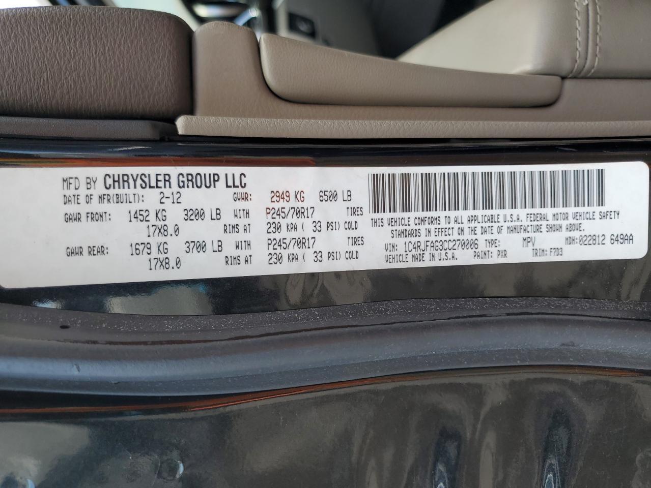 2012 Jeep Grand Cherokee Laredo VIN: 1C4RJFAG3CC270006 Lot: 63839625
