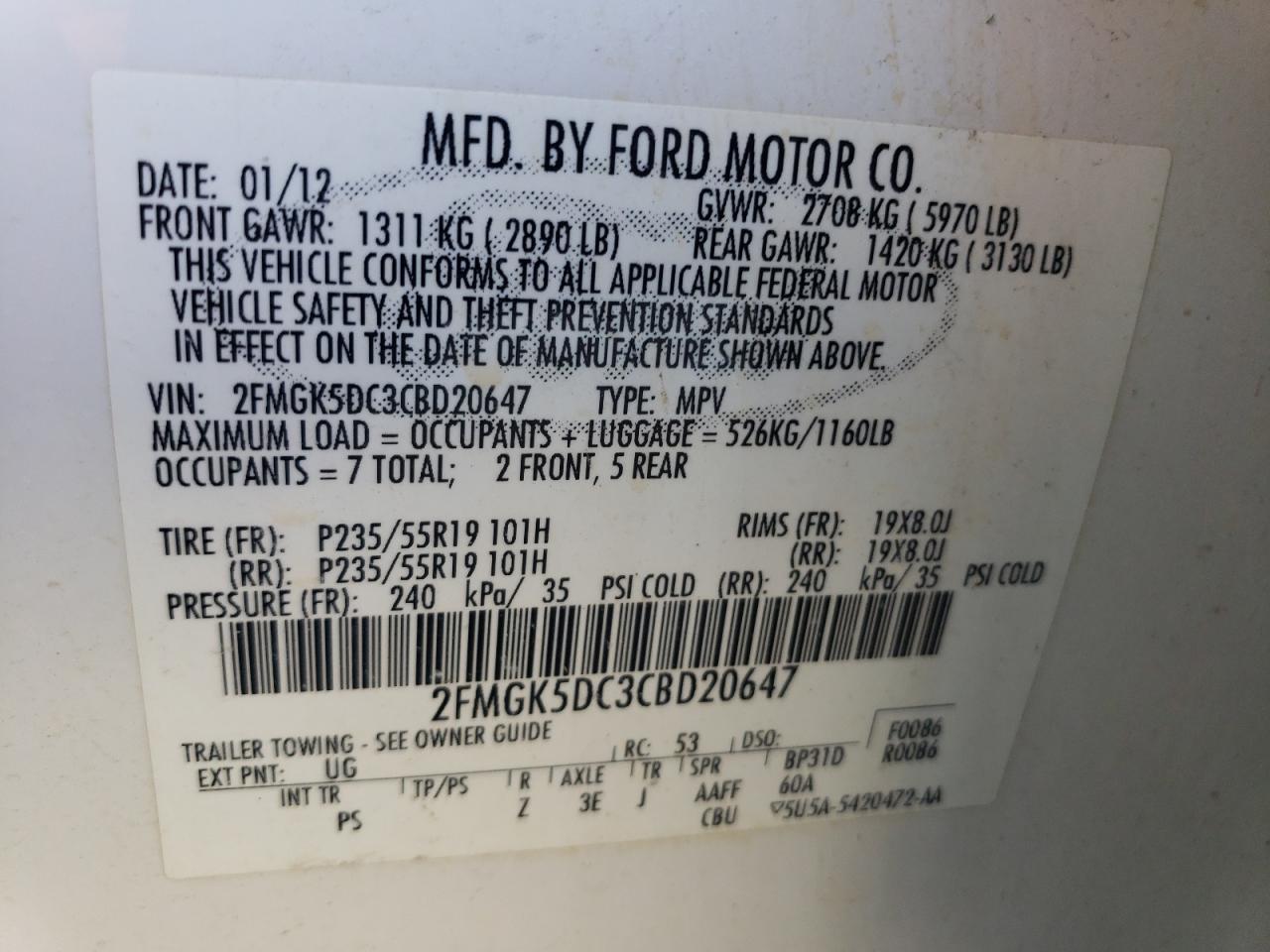 2012 Ford Flex Limited VIN: 2FMGK5DC3CBD20647 Lot: 63401325