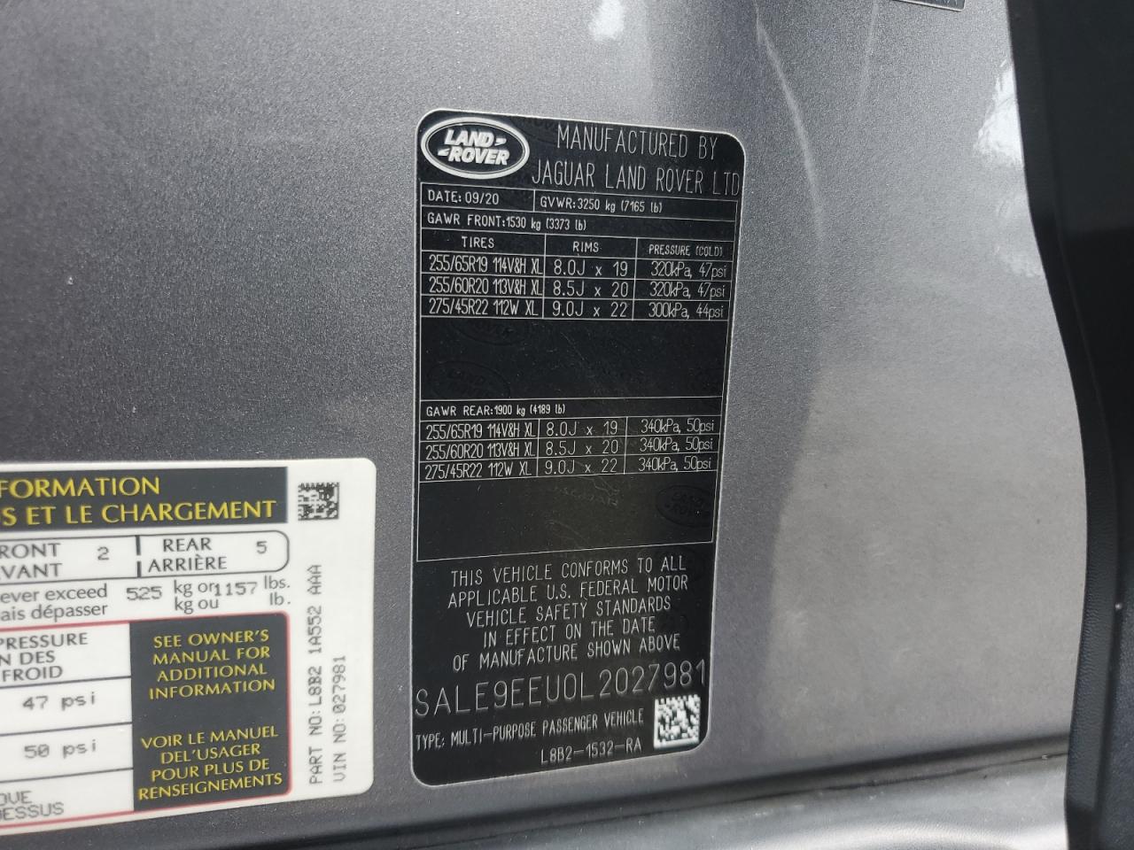 2020 Land Rover Defender 110 Hse VIN: SALE9EEU0L2027981 Lot: 64209205