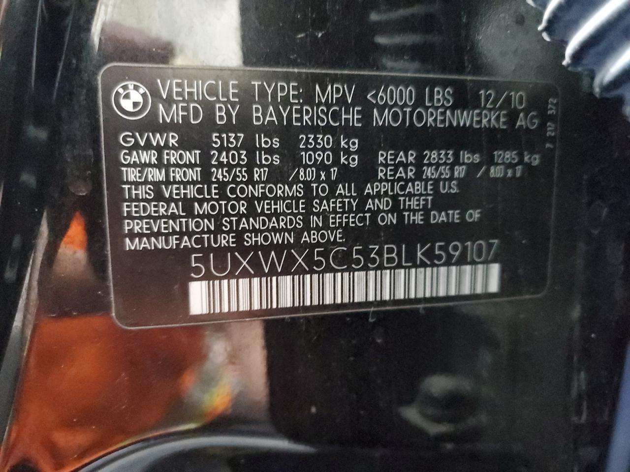 2011 BMW X3 xDrive28I VIN: 5UXWX5C53BLK59107 Lot: 65042285