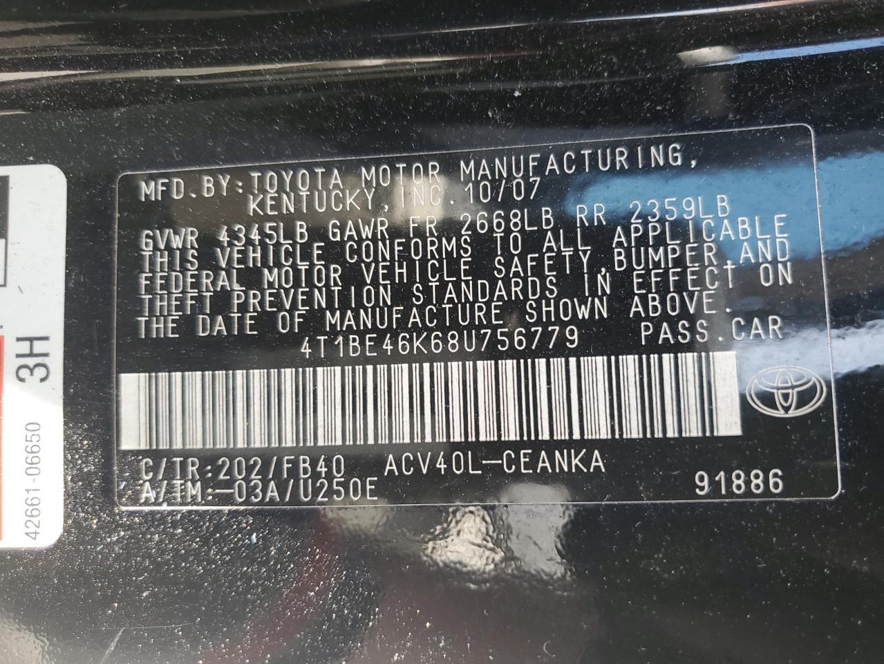 2008 Toyota Camry Ce VIN: 4T1BE46K68U756779 Lot: 65187125
