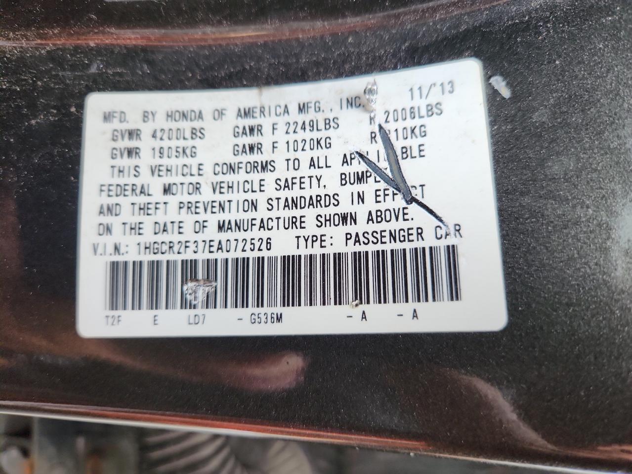 2014 Honda Accord Lx VIN: 1HGCR2F37EA072526 Lot: 65200195