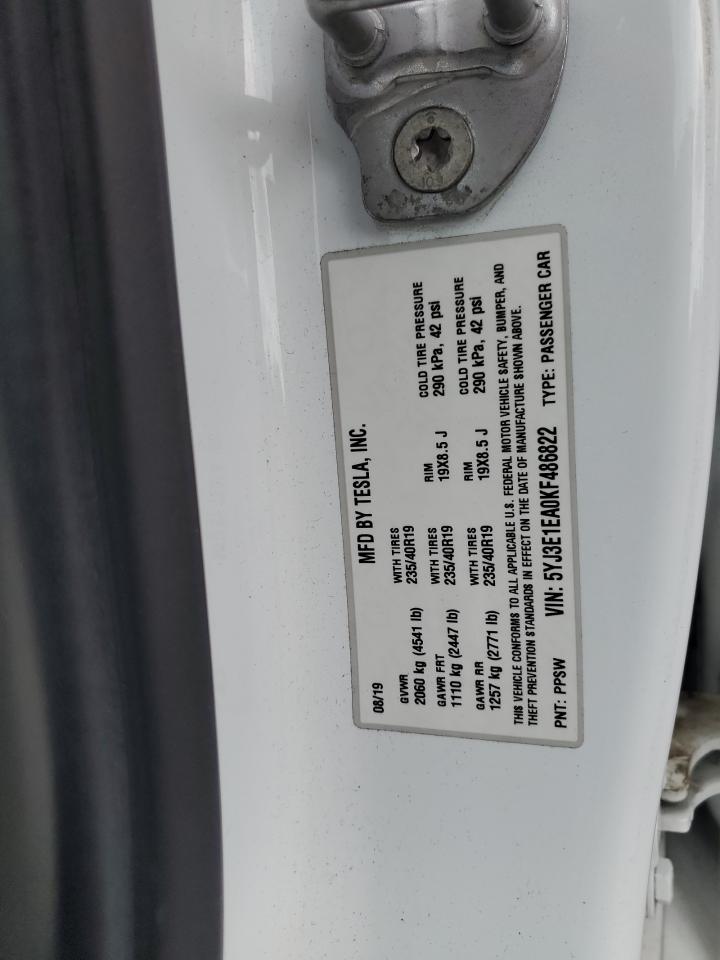 2019 Tesla Model 3 VIN: 5YJ3E1EA0KF486822 Lot: 62932885