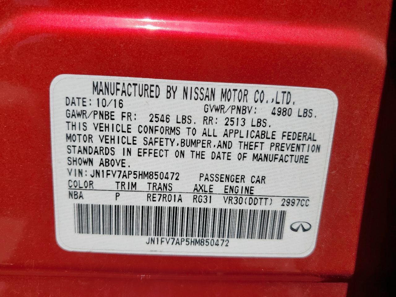 2017 Infiniti Q50 Red Sport 400 VIN: JN1FV7AP5HM850472 Lot: 65633705