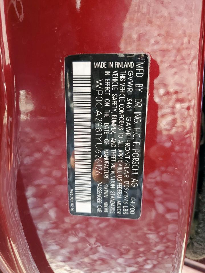 2000 Porsche Boxster VIN: WP0CA2981YU626126 Lot: 63308135