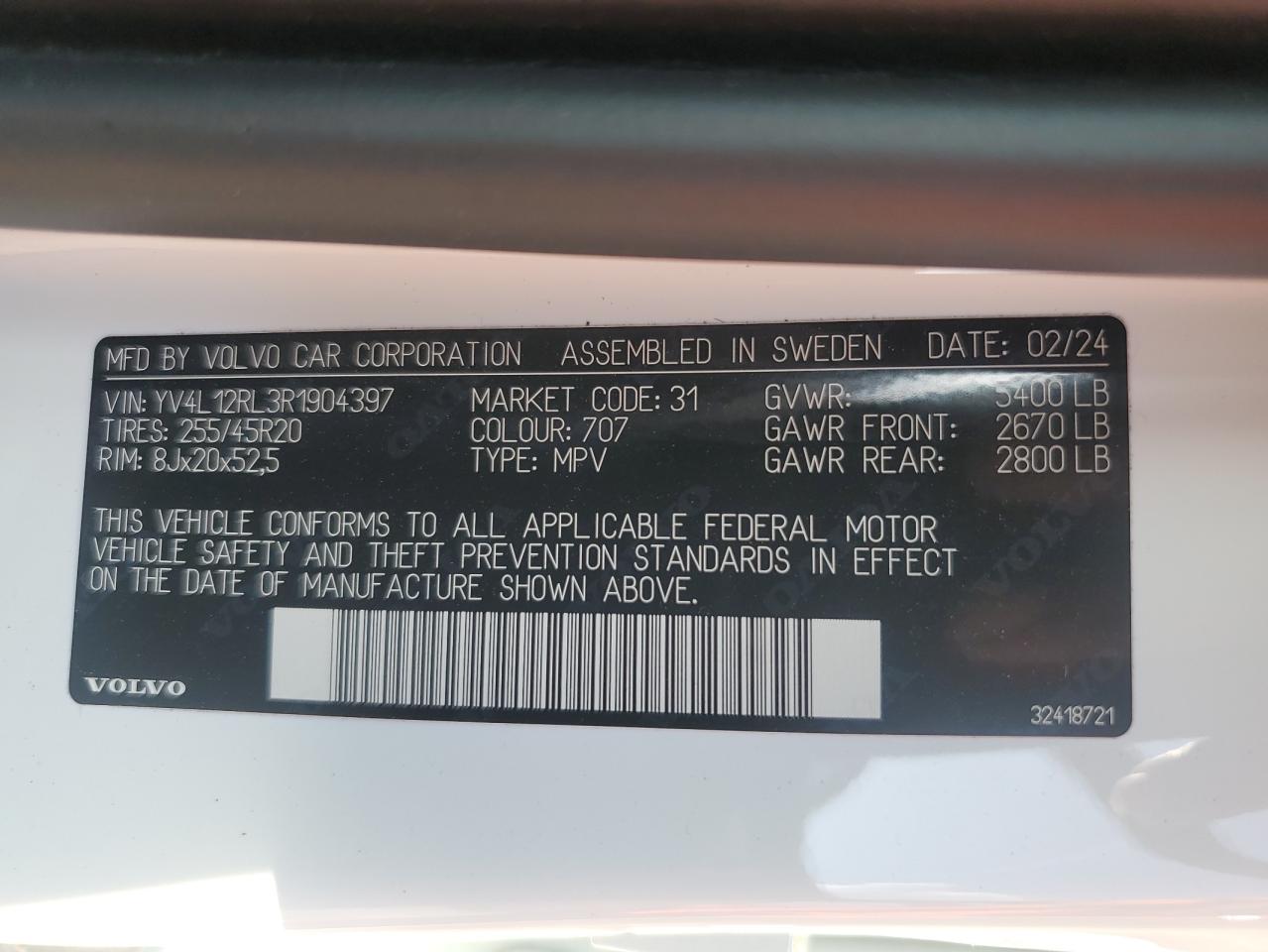 2024 Volvo Xc60 Plus VIN: YV4L12RL3R1904397 Lot: 64628005