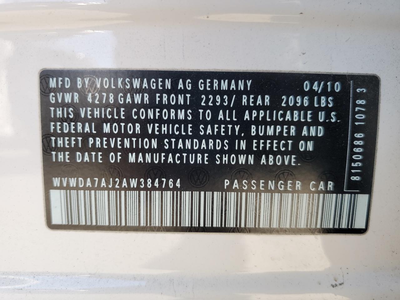 2010 Volkswagen Golf VIN: WVWDA7AJ2AW384764 Lot: 63480635