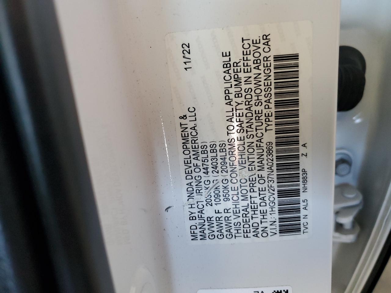 2022 Honda Accord Sport VIN: 1HGCV2F37NA023869 Lot: 65053365