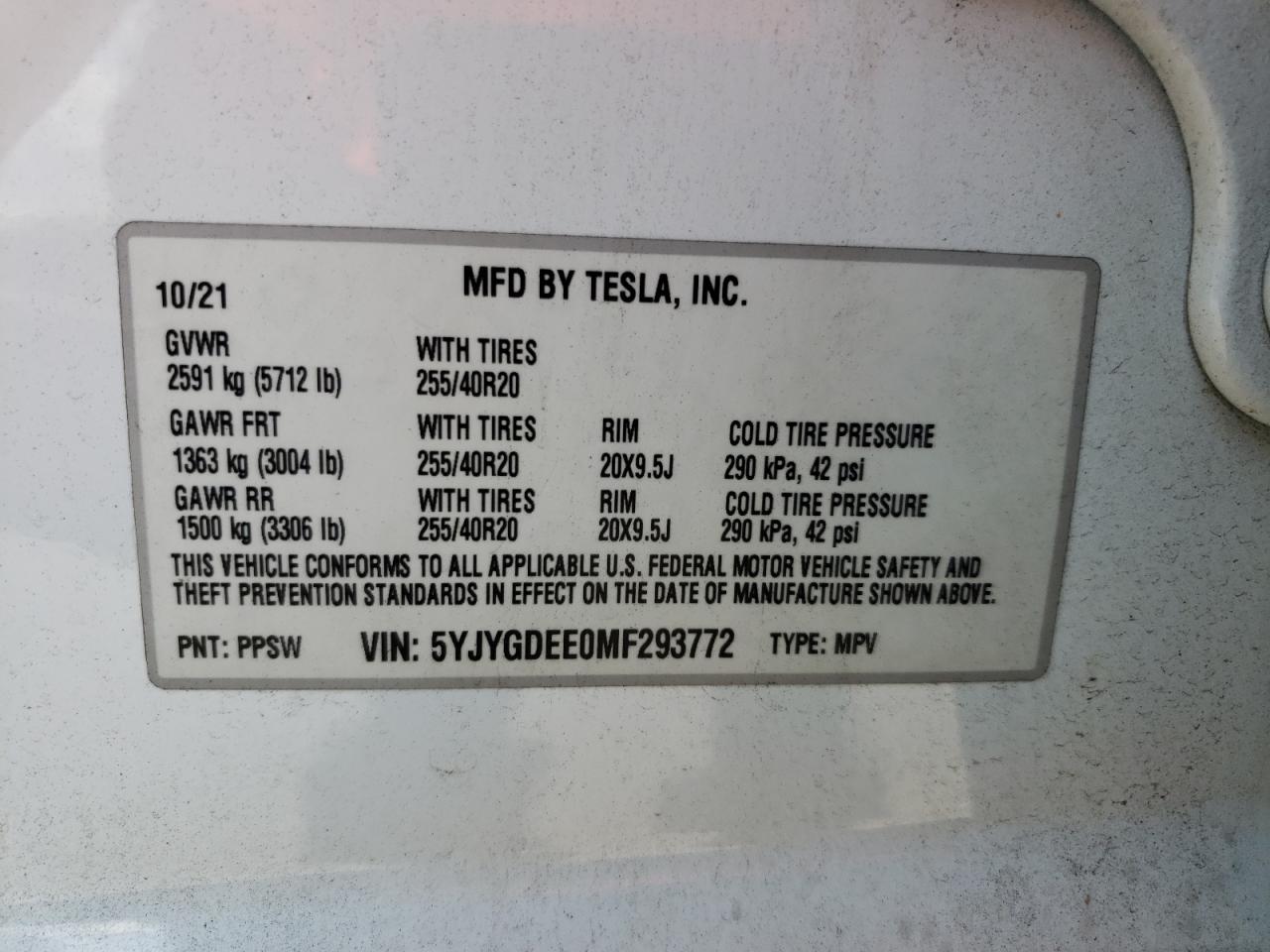 2021 Tesla Model Y VIN: 5YJYGDEE0MF293772 Lot: 62525005
