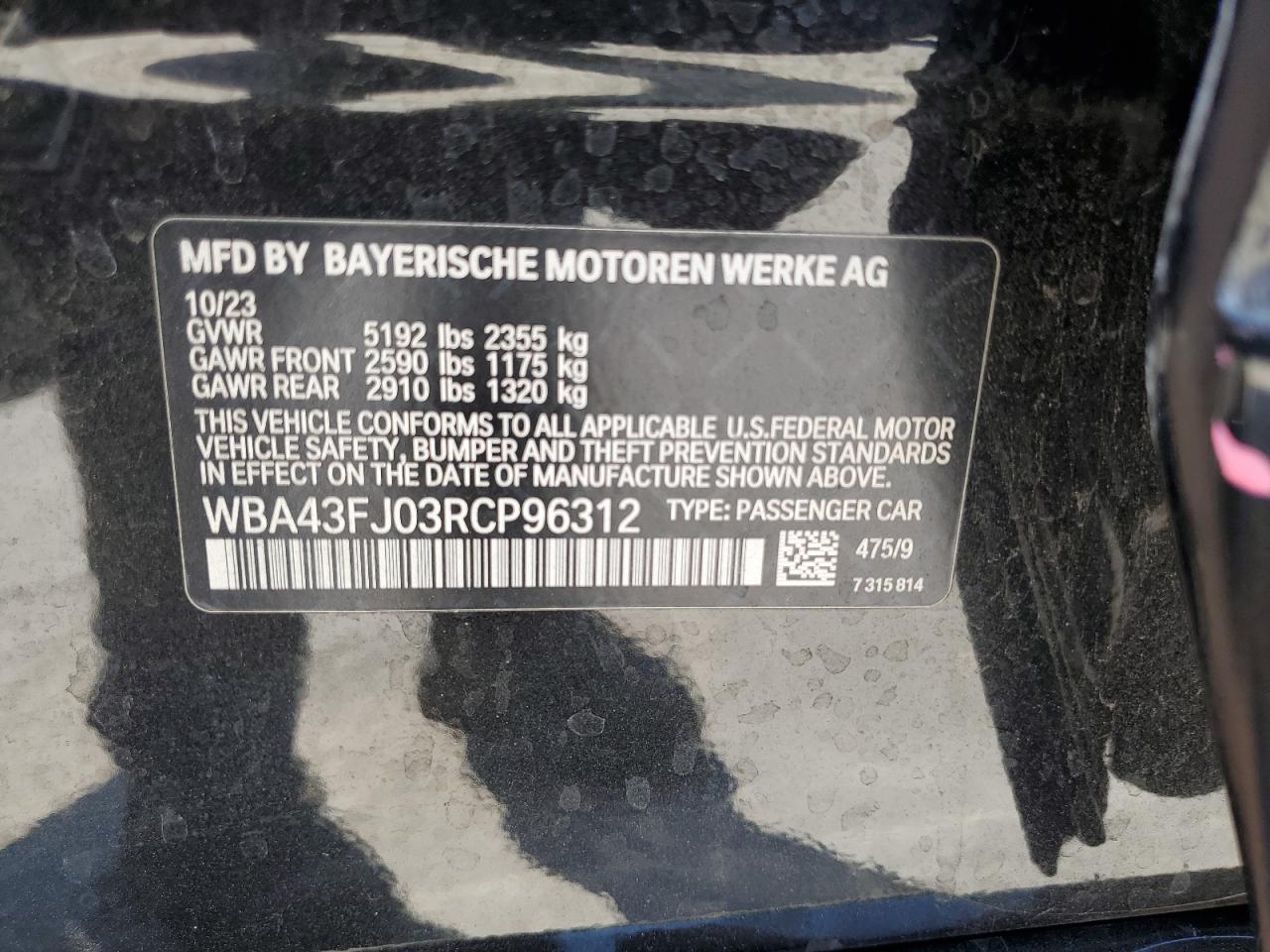 2024 BMW 530 I VIN: WBA43FJ03RCP96312 Lot: 65695525