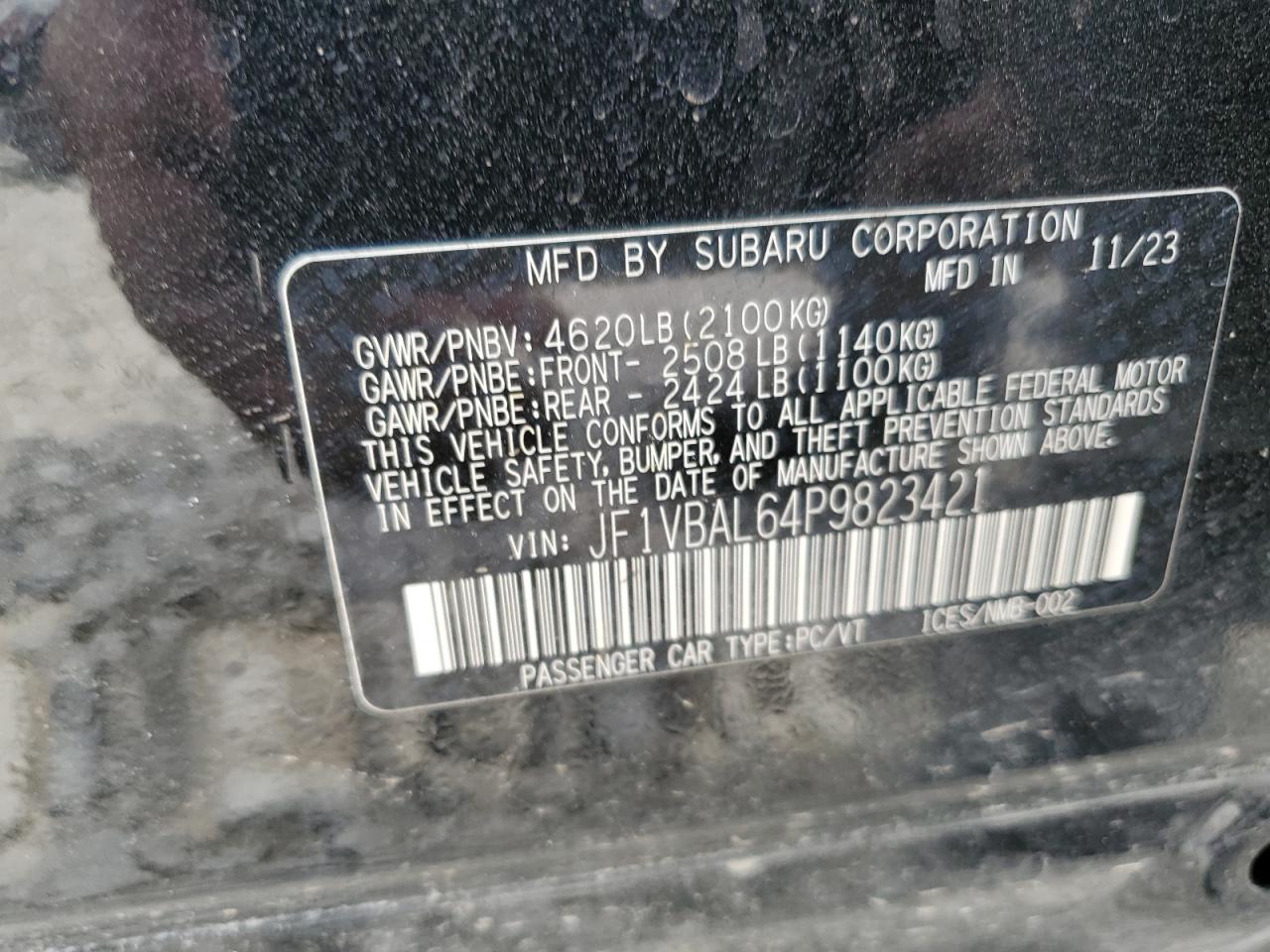 2023 Subaru Wrx Limited VIN: JF1VBAL64P9823421 Lot: 64702995