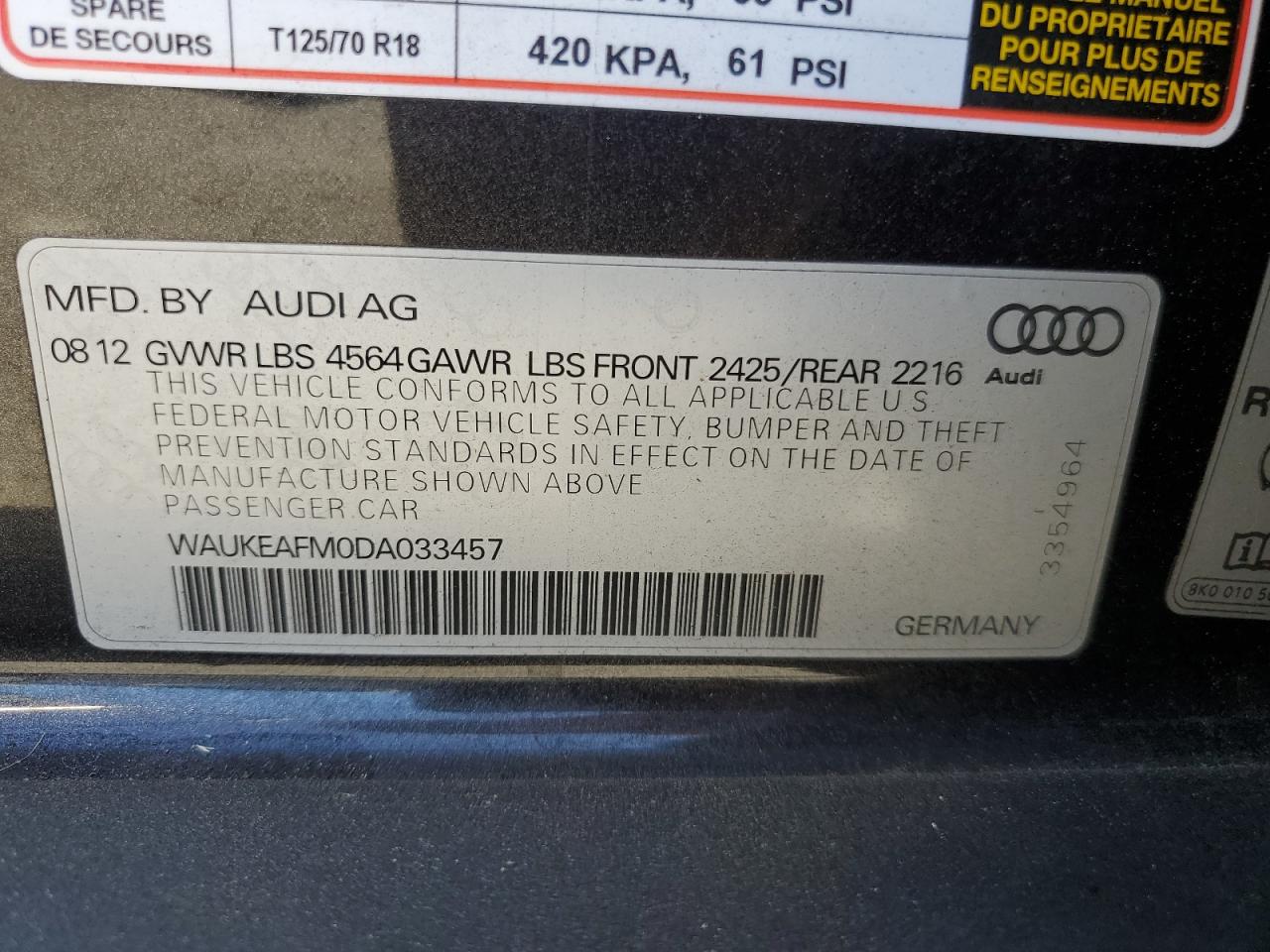 2013 Audi A3 Premium Plus VIN: WAUKEAFM0DA033457 Lot: 63707705