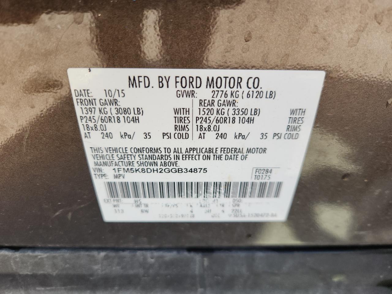 2016 Ford Explorer Xlt VIN: 1FM5K8DH2GGB34875 Lot: 63091245