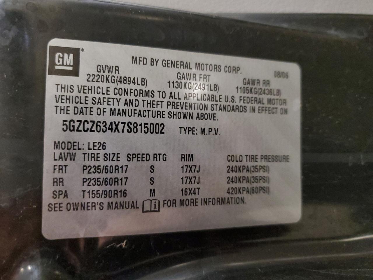 2007 Saturn Vue VIN: 5GZCZ634X7S815002 Lot: 63184015