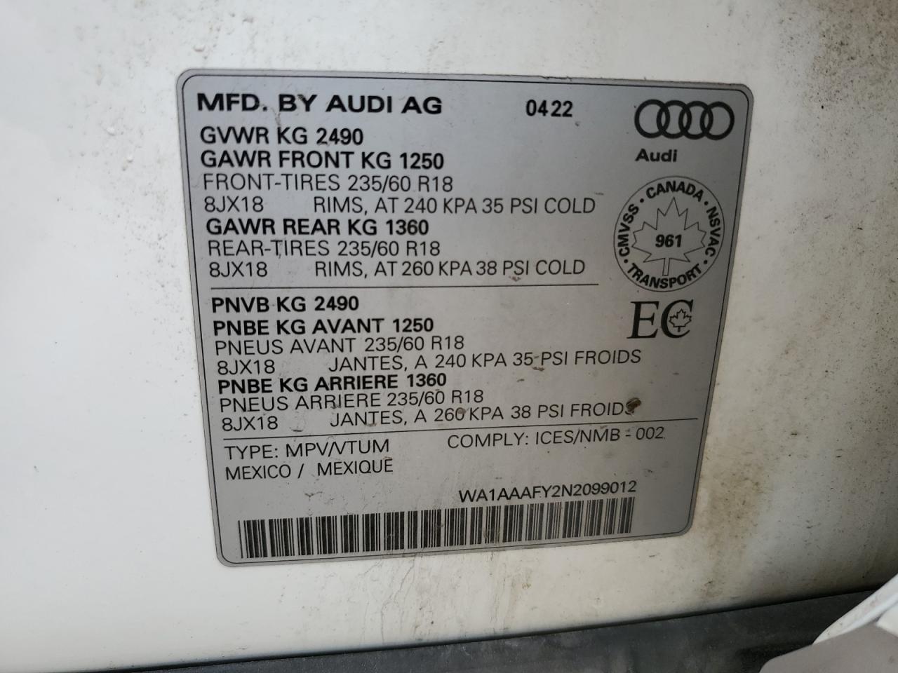 wa1aaafy2n2099012 WA1AAAFY2N2099012 2022 Audi Q5 Komfort 45