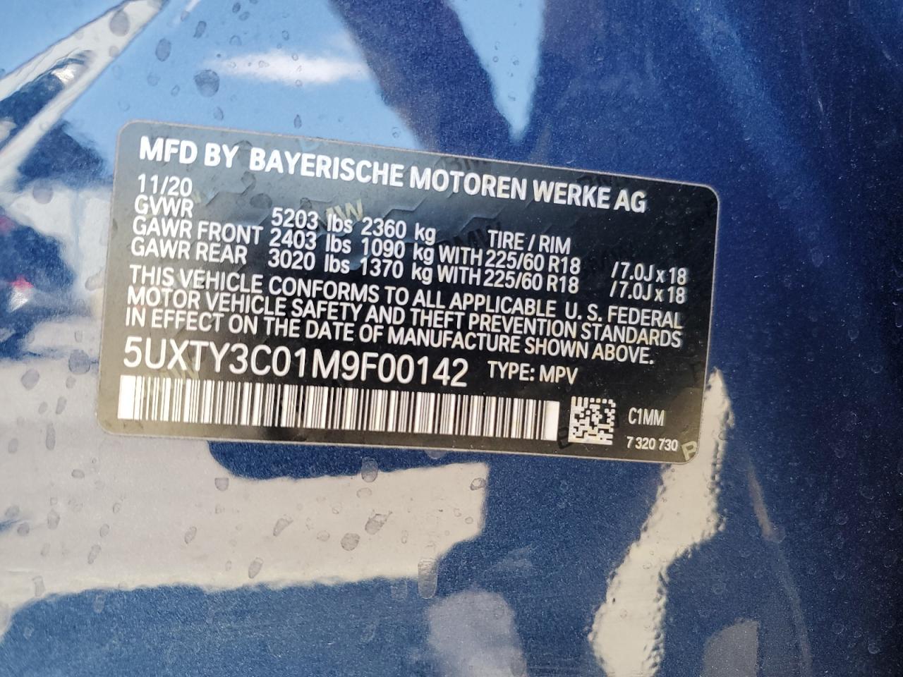 2021 BMW X3 Sdrive30I VIN: 5UXTY3C01M9F00142 Lot: 64285535