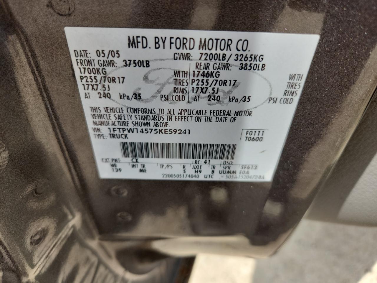 2005 Ford F150 Supercrew VIN: 1FTPW14575KE59241 Lot: 64654075