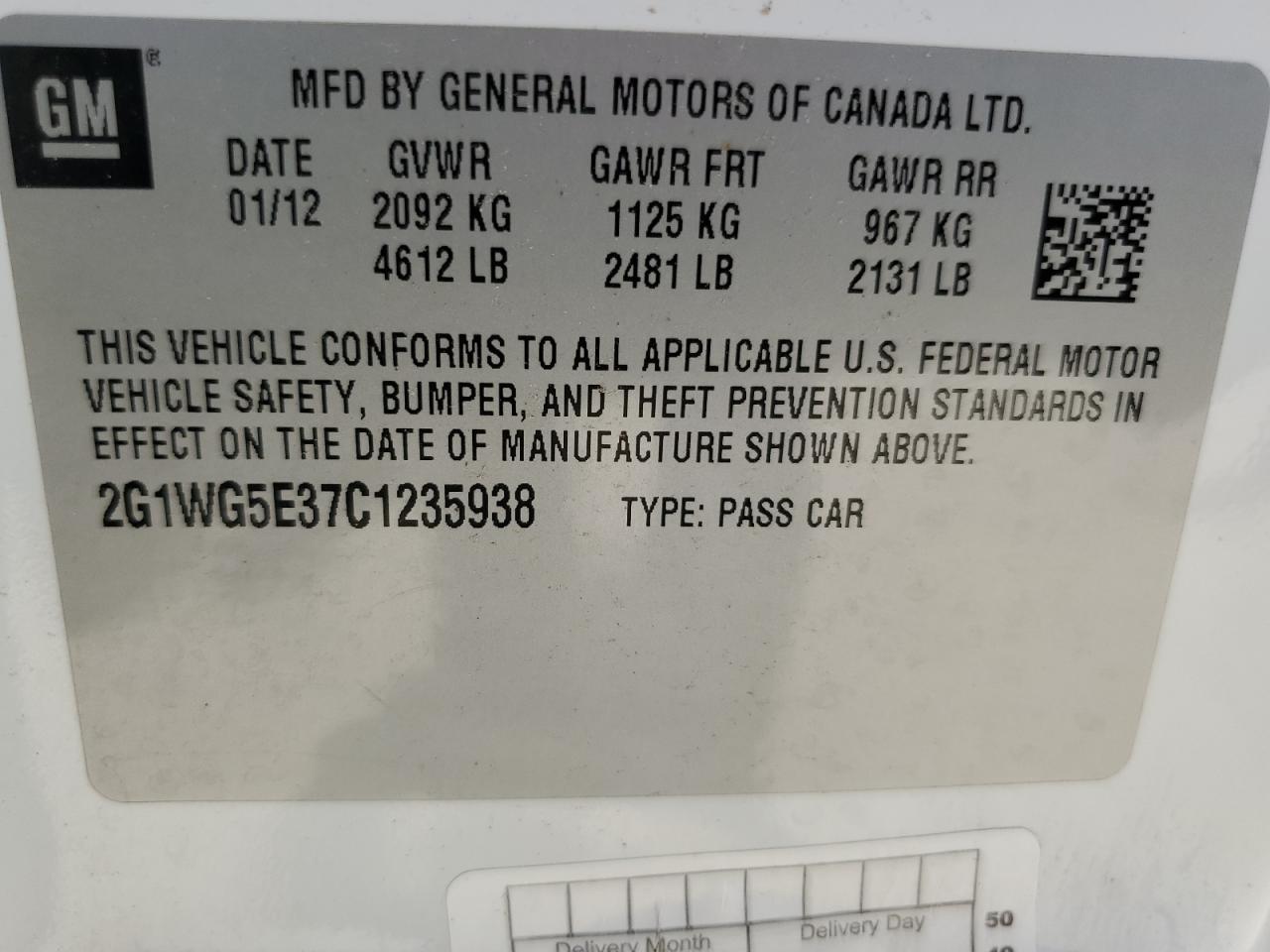2012 Chevrolet Impala Lt VIN: 2G1WG5E37C1235938 Lot: 64573185