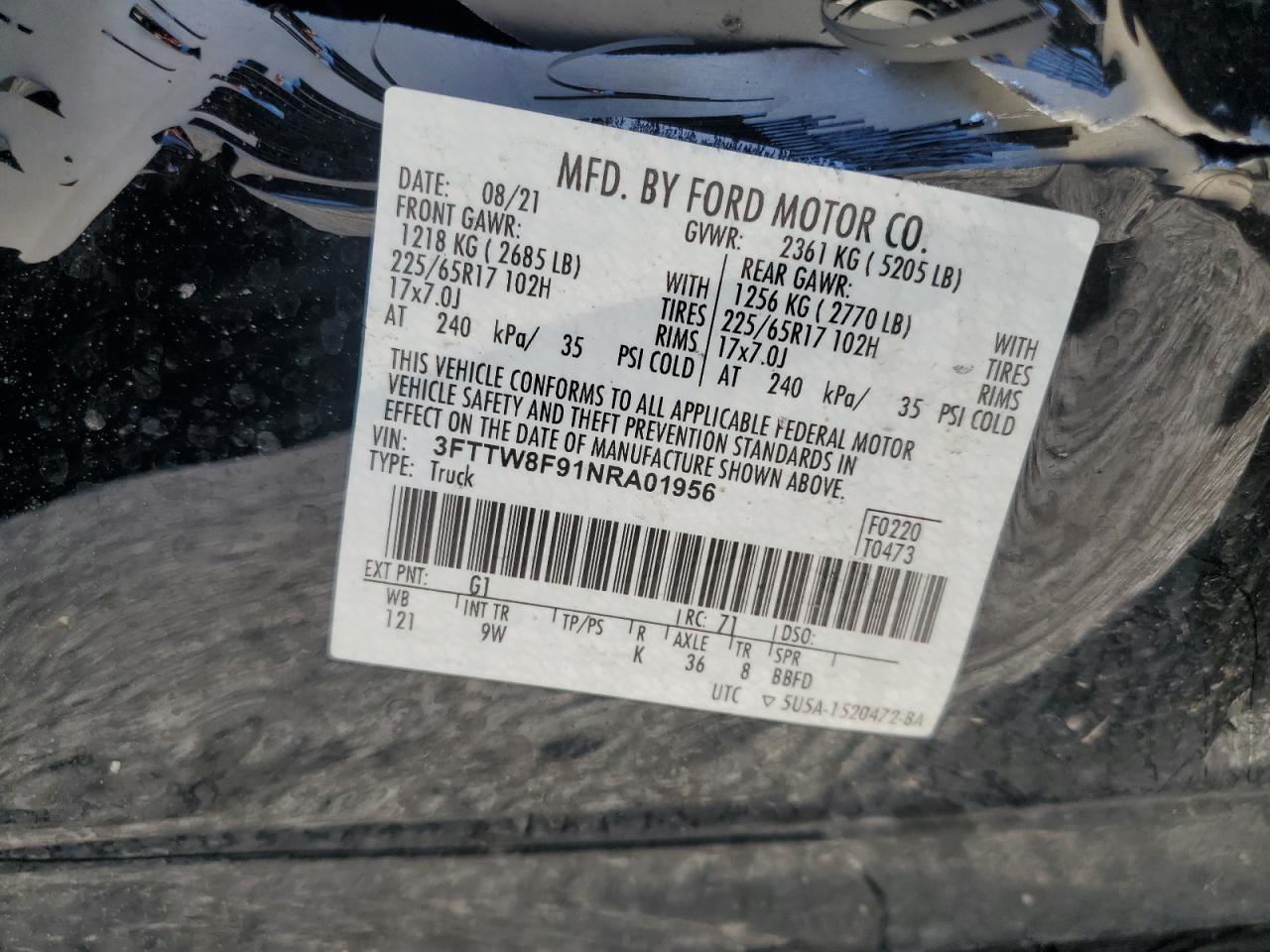 2022 Ford Maverick Xl VIN: 3FTTW8F91NRA01956 Lot: 64626295