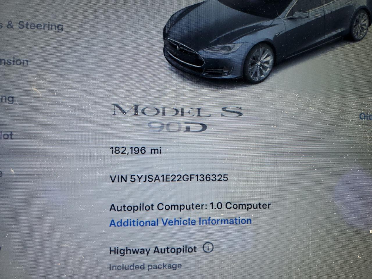 2016 Tesla Model S VIN: 5YJSA1E22GF136325 Lot: 65238105