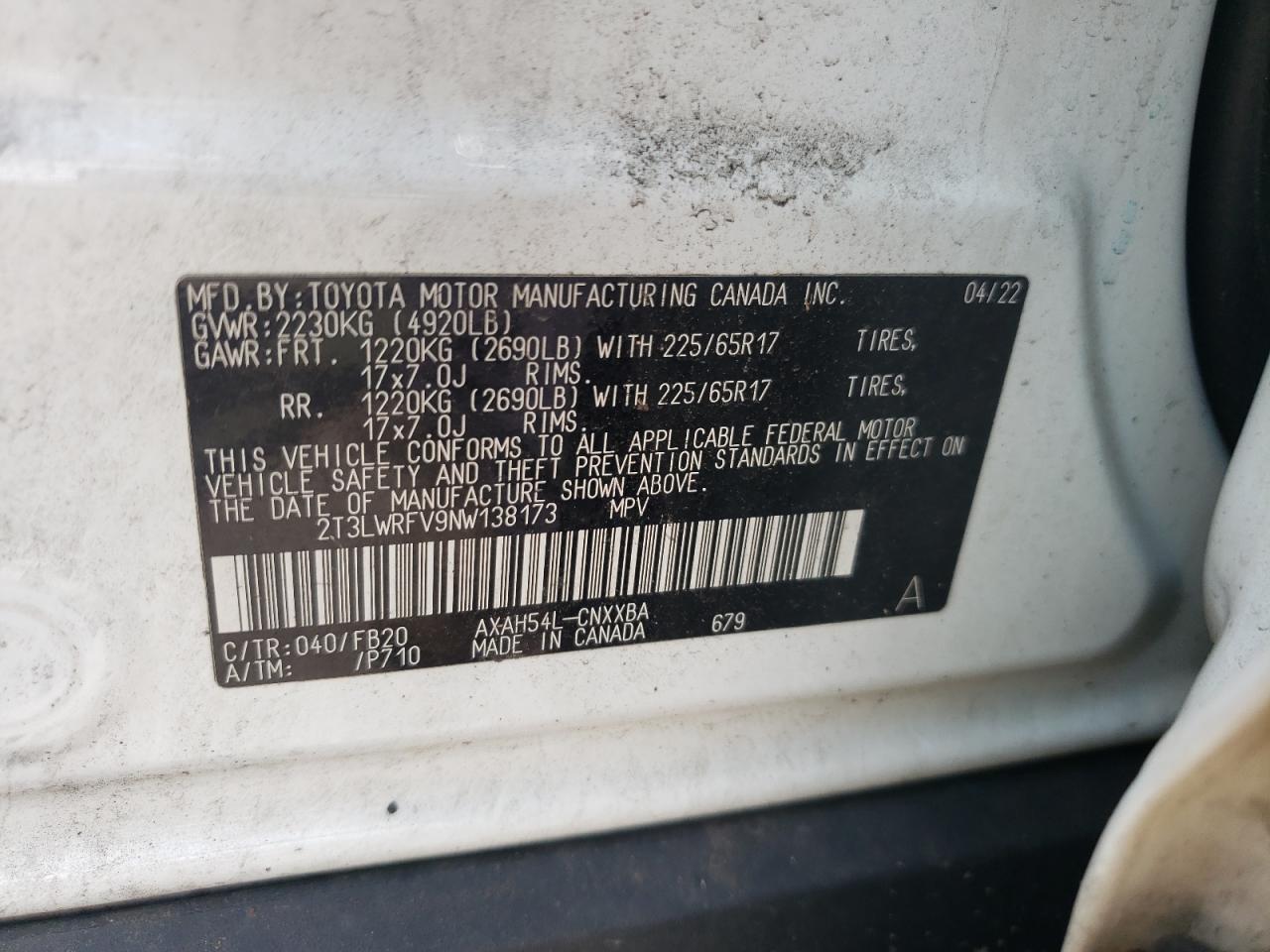 2022 Toyota Rav4 Le VIN: 2T3LWRFV9NW138173 Lot: 63638425