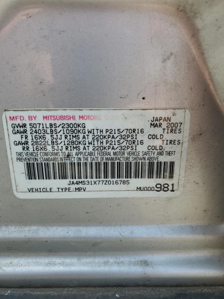 2007 Mitsubishi Outlander Es VIN: JA4MS31X77Z016785 Lot: 66486355