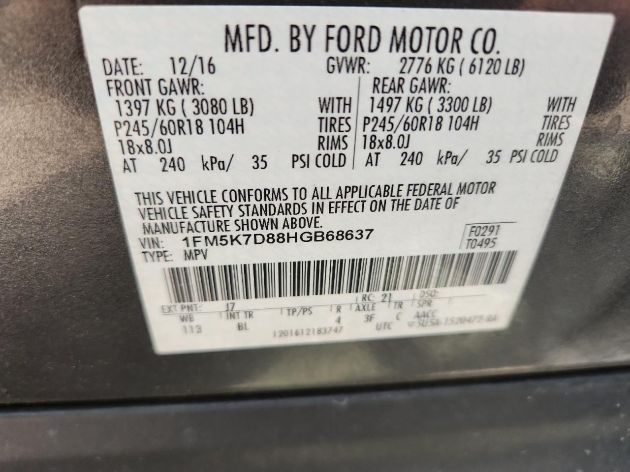 2017 Ford Explorer Xlt VIN: 1FM5K7D88HGB68637 Lot: 62636915