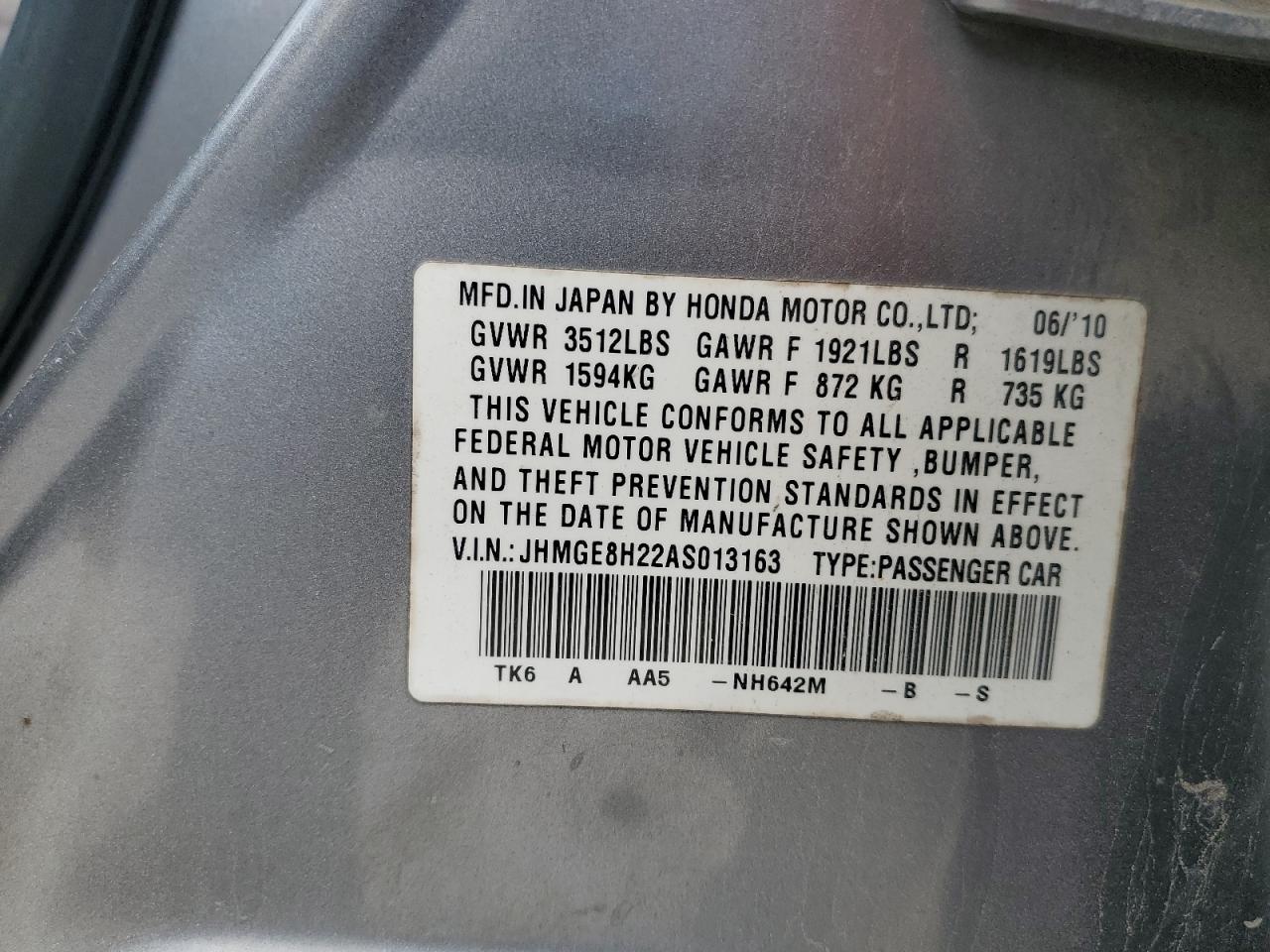 2010 Honda Fit VIN: JHMGE8H22AS013163 Lot: 64255355