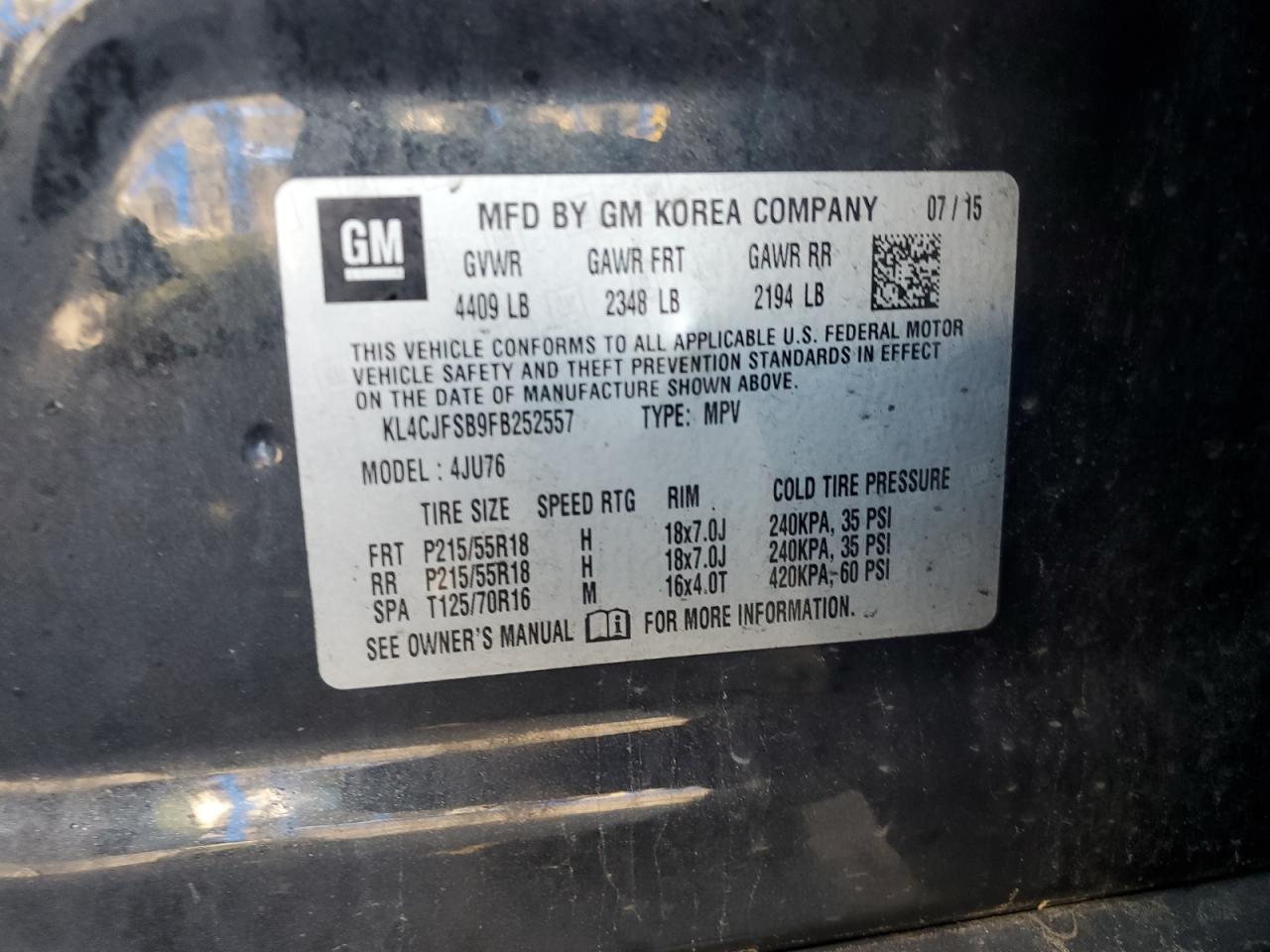 2015 Buick Encore Convenience VIN: KL4CJFSB9FB252557 Lot: 64593705