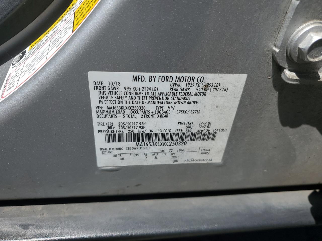 2019 Ford Ecosport Titanium VIN: MAJ6S3KLXKC250320 Lot: 63531185