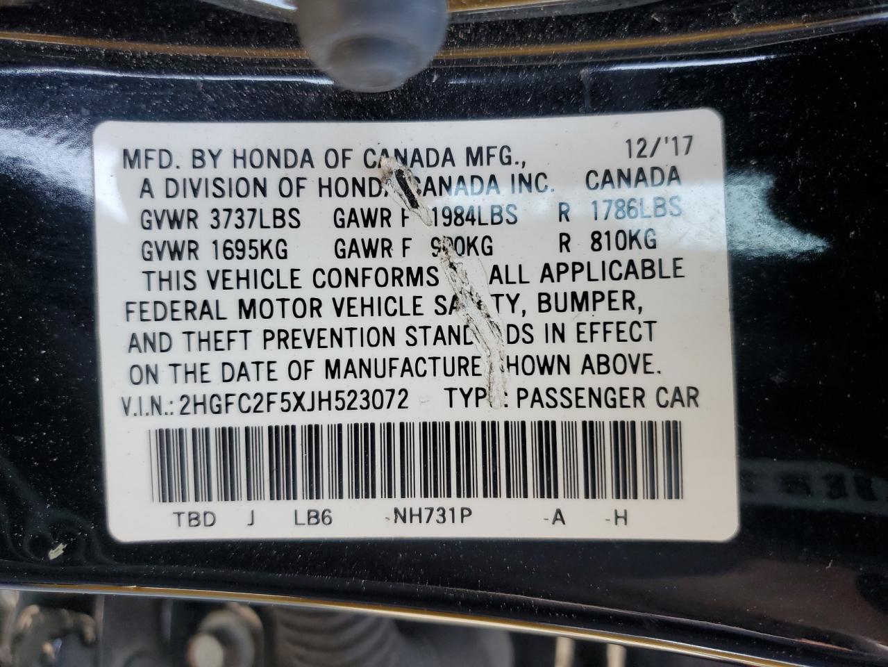 2018 Honda Civic Lx VIN: 2HGFC2F5XJH523072 Lot: 65802725