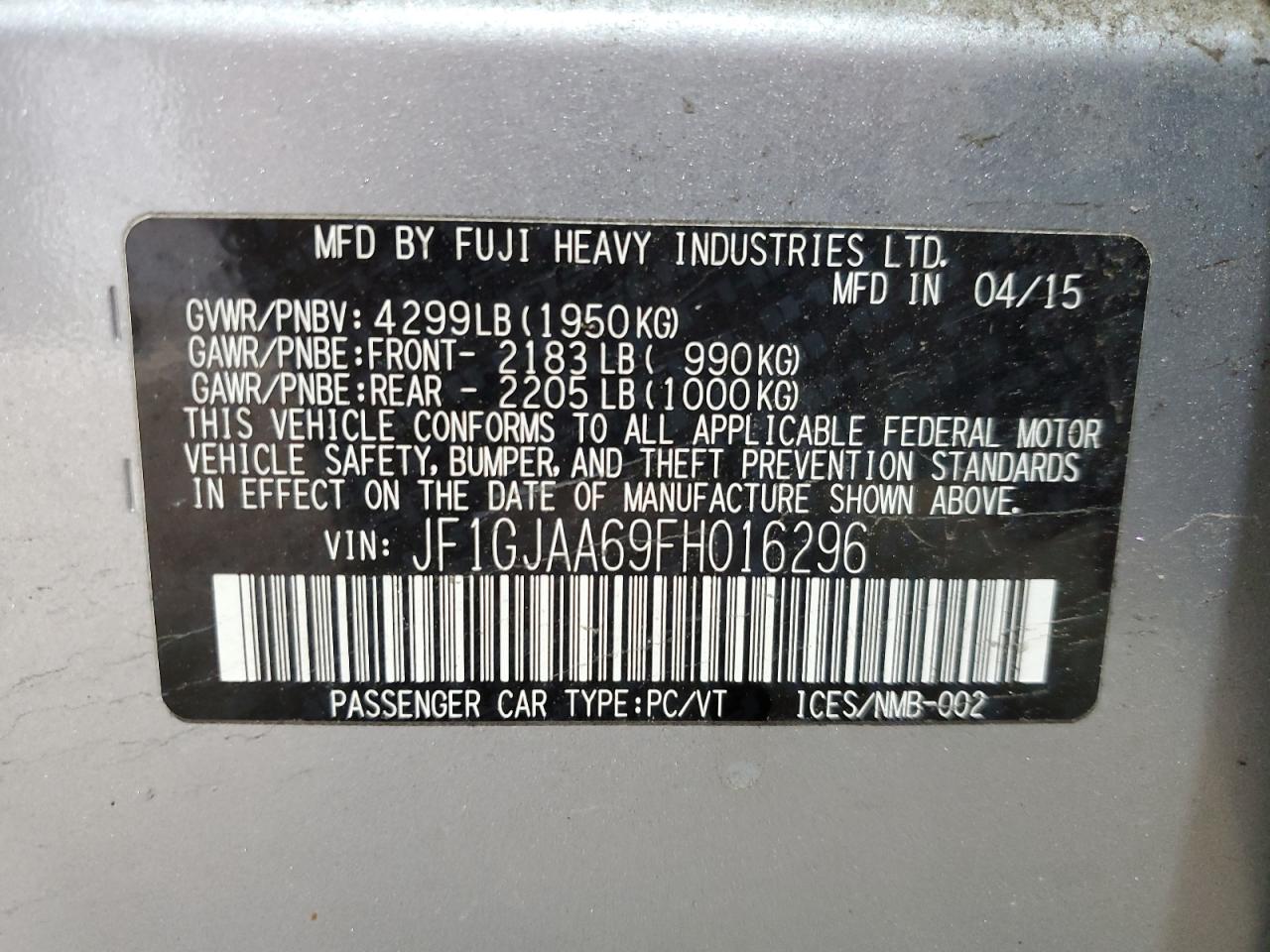 2015 Subaru Impreza VIN: JF1GJAA69FH016296 Lot: 63364065