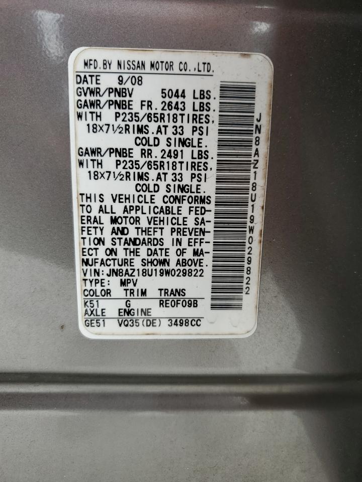 2009 Nissan Murano S VIN: JN8AZ18U19W029822 Lot: 64980705