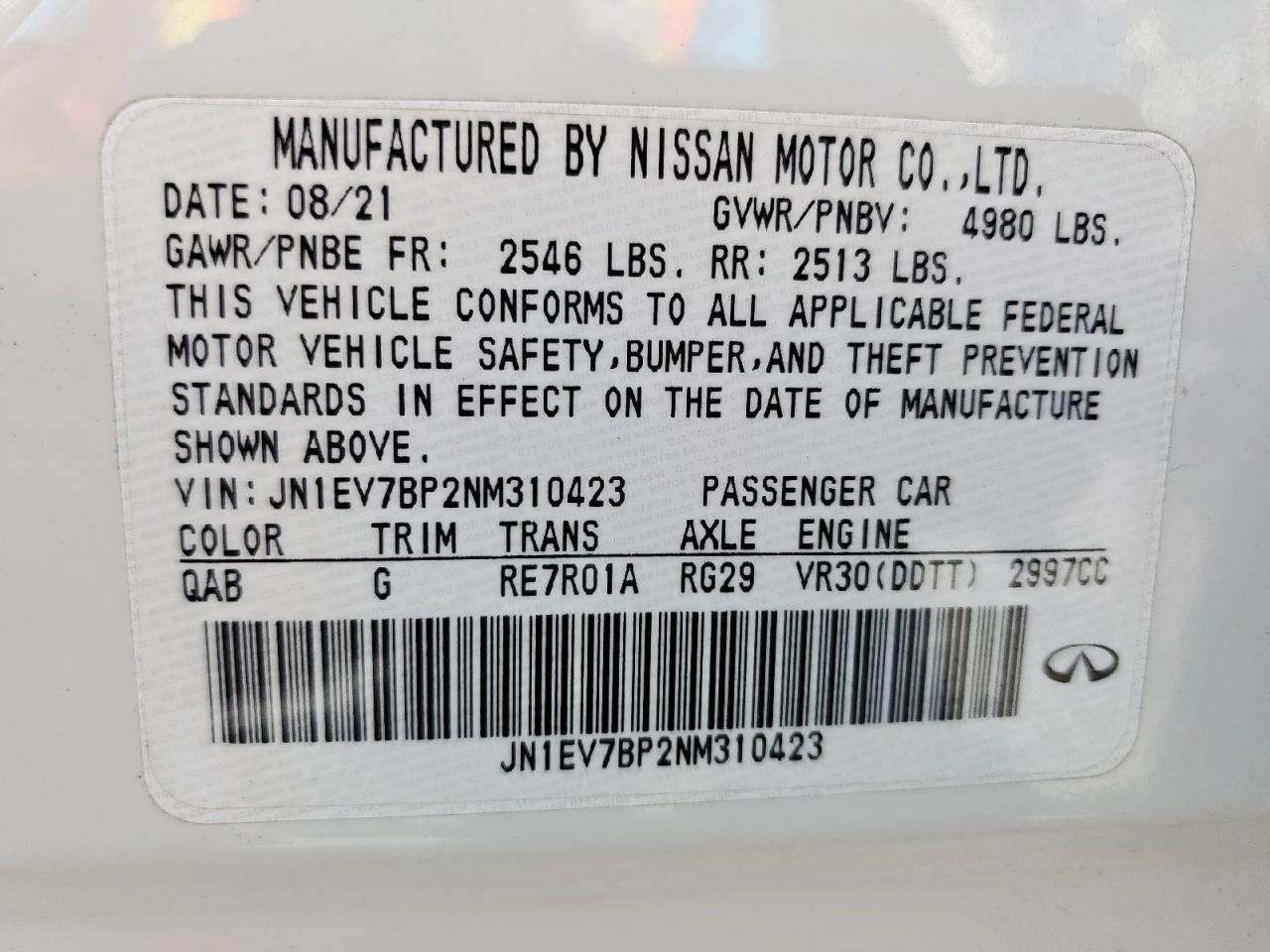 2022 Infiniti Q50 Luxe VIN: JN1EV7BP2NM310423 Lot: 65841555