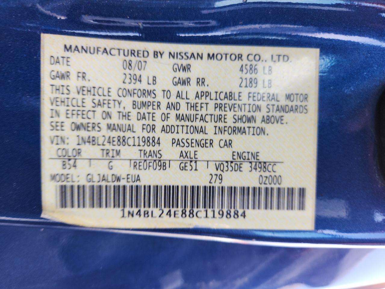 2008 Nissan Altima 3.5Se VIN: 1N4BL24E88C119884 Lot: 62570545