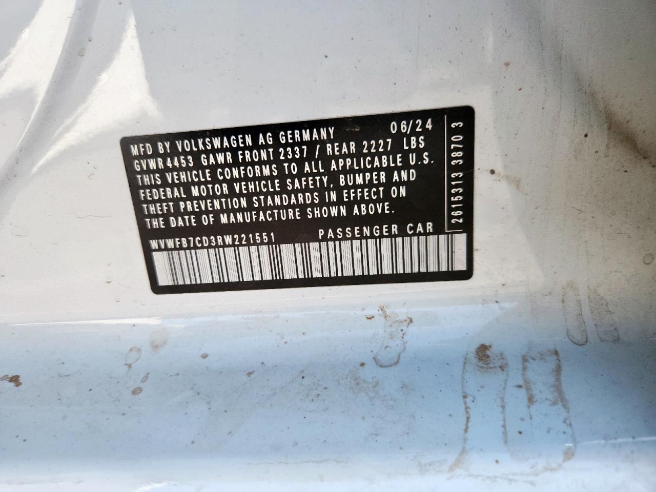 2024 Volkswagen Golf R VIN: WVWFB7CD3RW221551 Lot: 63638675