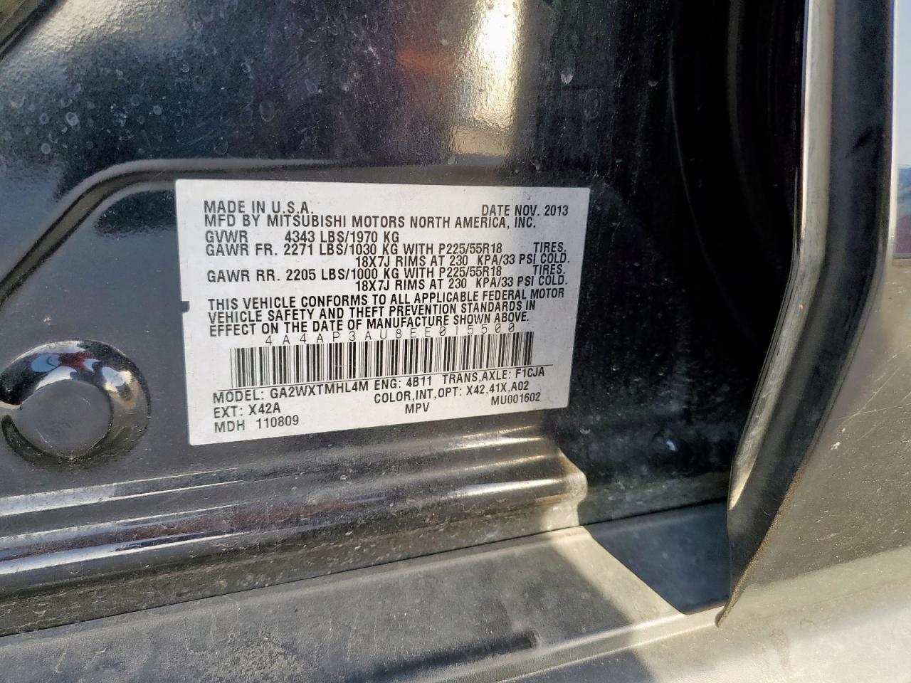 2014 Mitsubishi Outlander Sport Es VIN: 4A4AP3AU8EE015500 Lot: 65337605