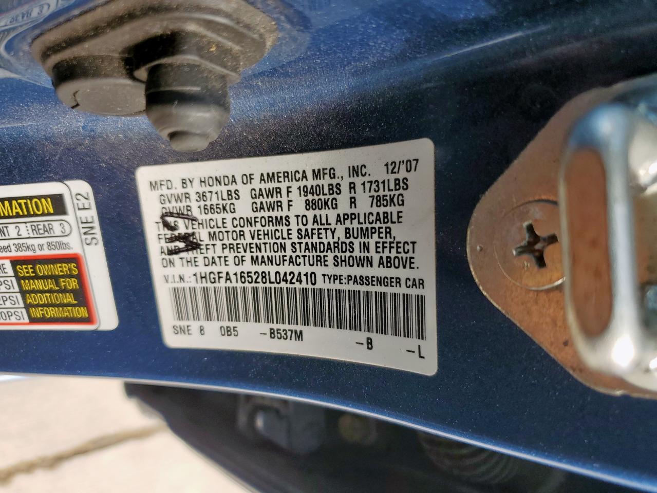 2008 Honda Civic Lx VIN: 1HGFA16528L042410 Lot: 64899005