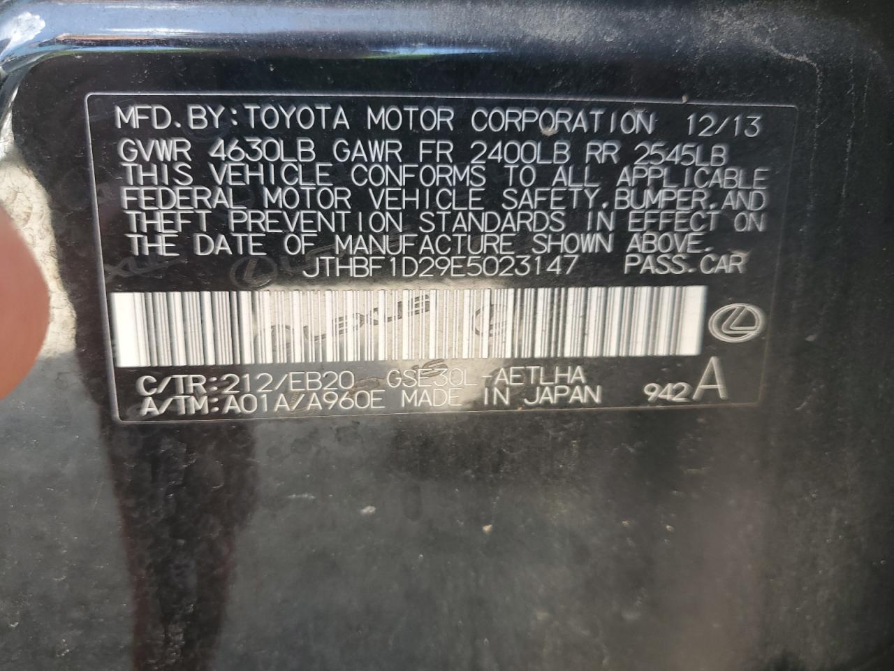 2014 Lexus Is 250 VIN: JTHBF1D29E5023147 Lot: 63080545