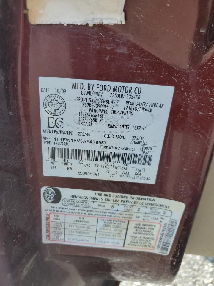2010 Ford F150 Supercrew VIN: 1FTFW1EV5AFA79957 Lot: 64731685