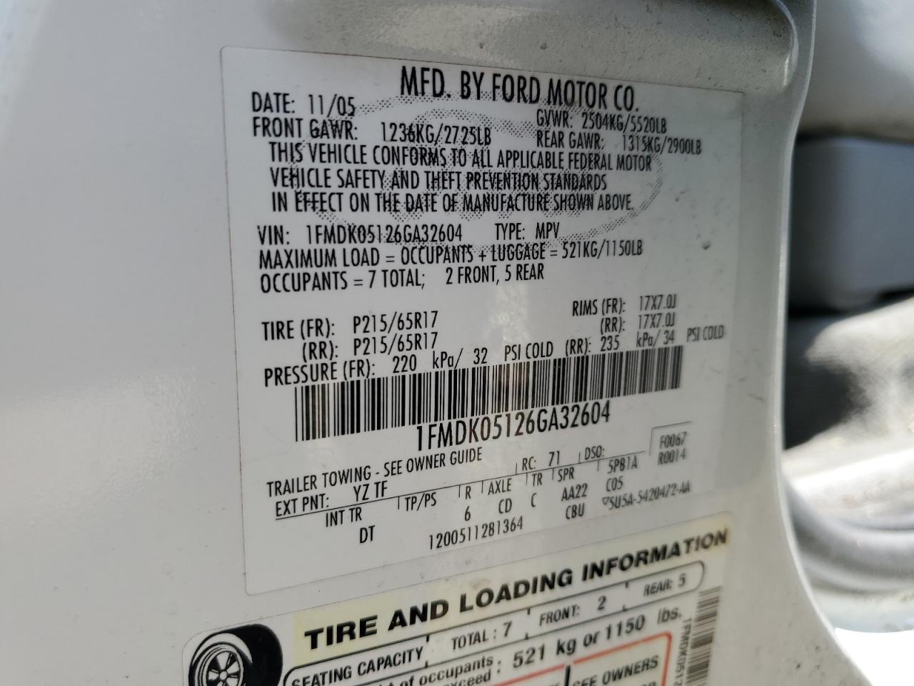 2006 Ford Freestyle Sel VIN: 1FMDK05126GA32604 Lot: 63868405