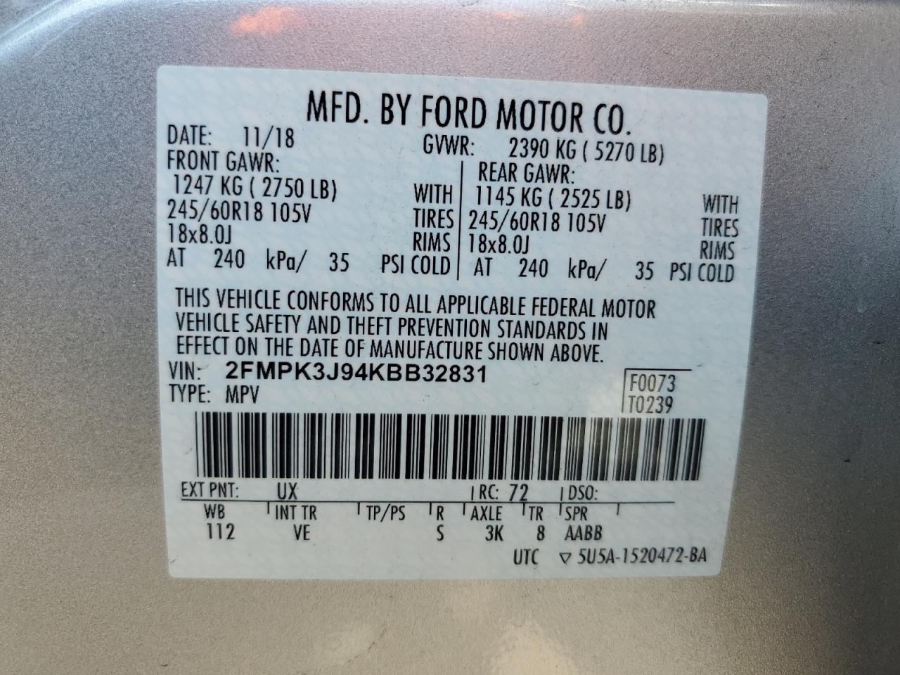 2019 Ford Edge Sel VIN: 2FMPK3J94KBB32831 Lot: 63829855