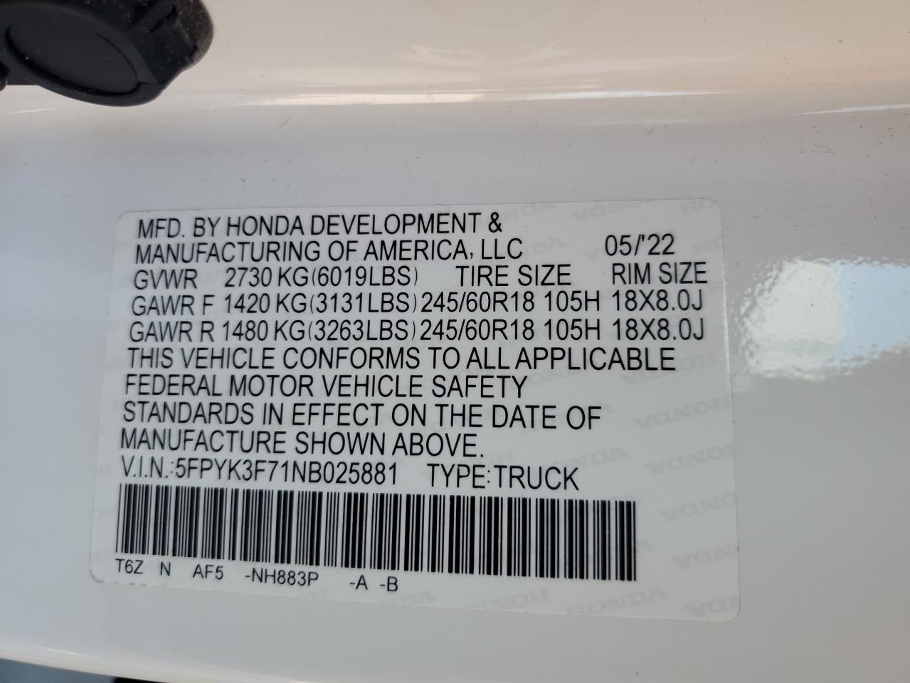 2022 Honda Ridgeline Rtl VIN: 5FPYK3F71NB025881 Lot: 63878935
